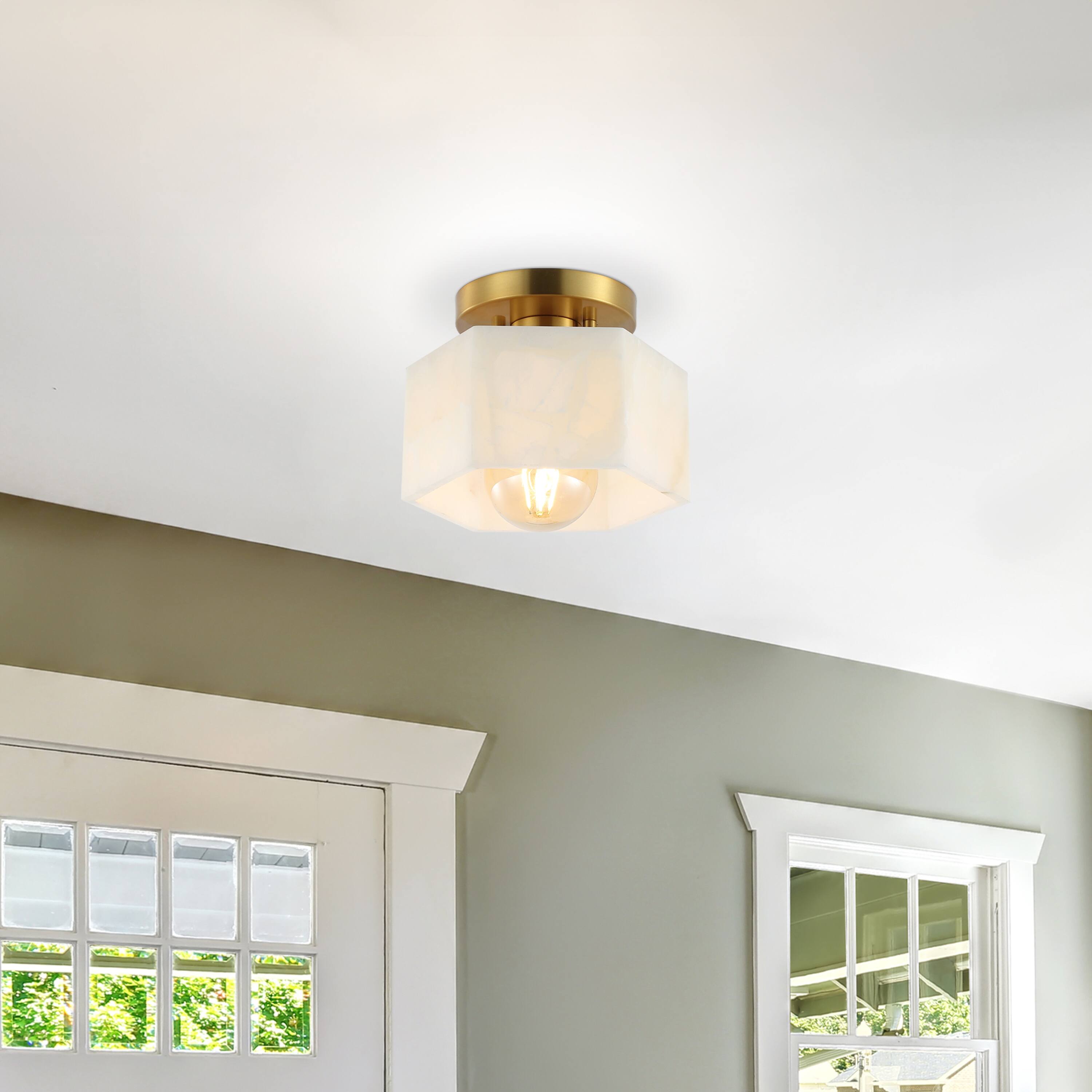 Alt View 1. Jonathan Y - Tessa 8" 1-Light Modern Contemporary Alabaster/Iron Hexagonal LED Semi Flush Mount, White Marbling/Brass Gold - White Marbling/Brass Gold.