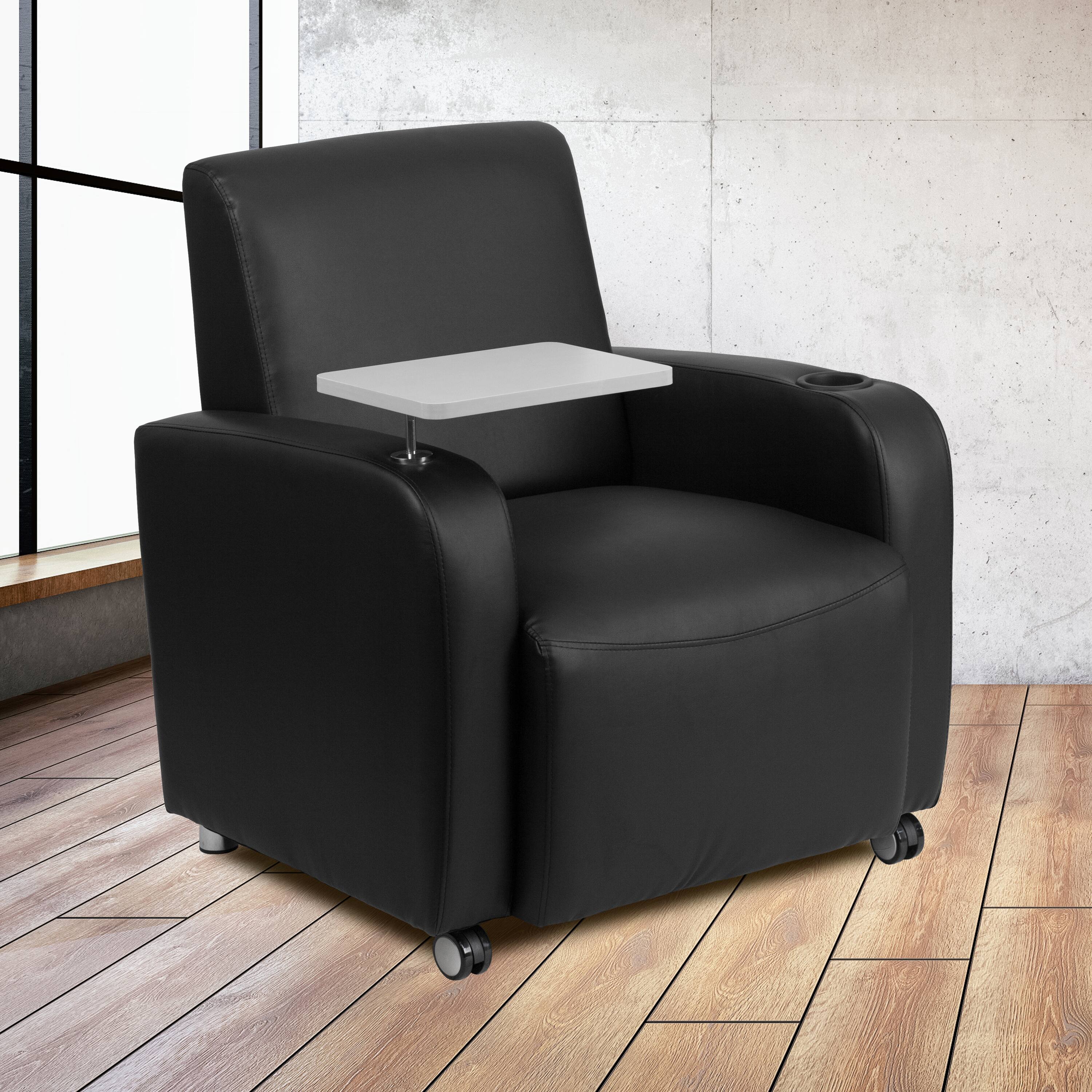 Alt View 1. Emma + Oliver - Tablet Arm Guest Chair with Front Wheel Casters and Cup Holder - Black.