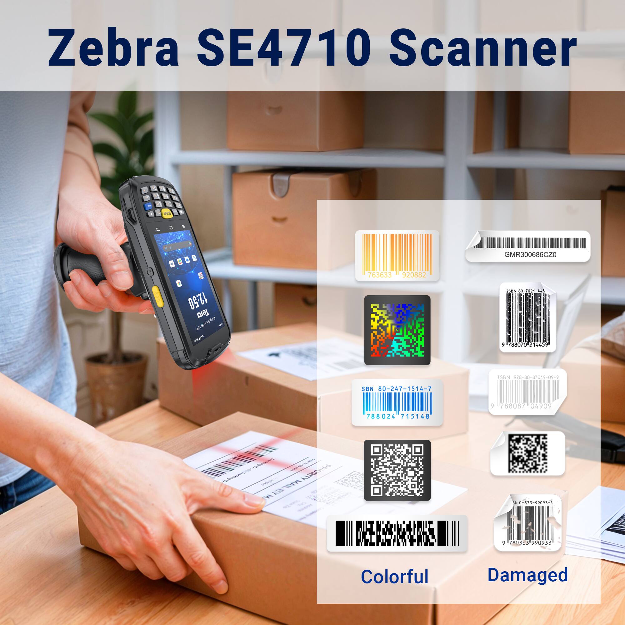 Zebra SE4710 Scanner

- 12:50
- Tera 1
- aP 763633 920882
- GMR:300686CZO
- + 788070-212451
- ISBN 178-80-8700500-0
- SON 80-247-1514-7
- WWEI - 1
- ye 2
- ELA 788024 15148
- 9 788087 04909
- 0-333-99093-5
- 780353 990953

Colorful Damaged