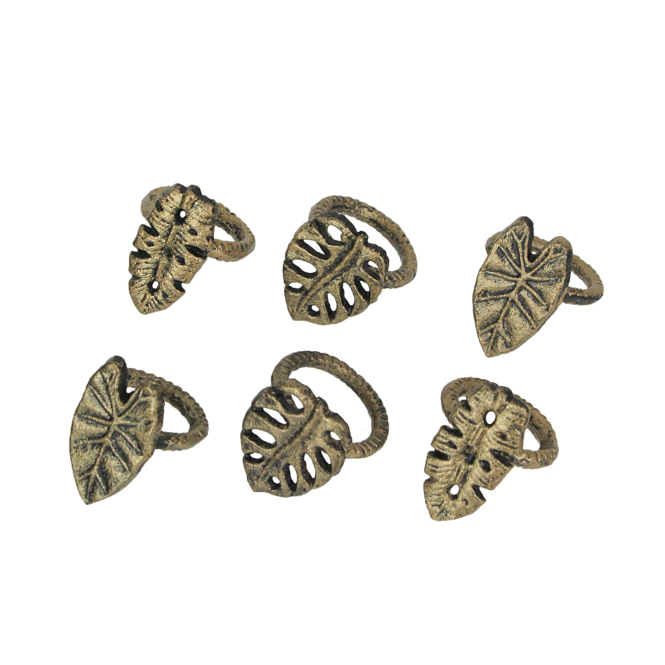 Zeckos - Set of 6 Antique Cast Iron Tropical Leaf Napkin Rings Dining Decor - Gold