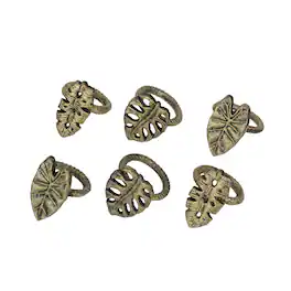 Zeckos - Set of 6 Antique Cast Iron Tropical Leaf Napkin Rings Dining Decor - Gold