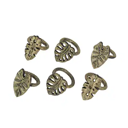 Front. Zeckos - Set of 6 Antique Gold Cast Iron Tropical Leaf Napkin Rings Dining Decor - Gold.