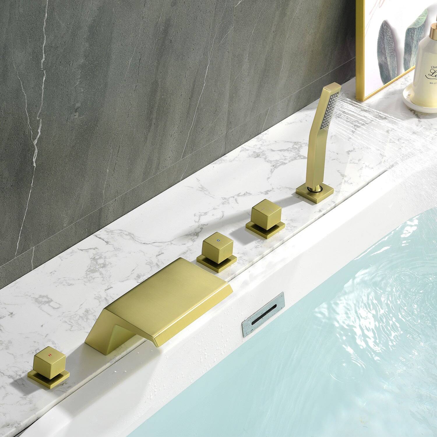 Alt View 2. Boyel Living - Brushed Gold Polygonal Cold and Hot Water Bathtub Faucet with Handheld Shower Waterfall Outlet Five Hole Installation - Brushed Gold.