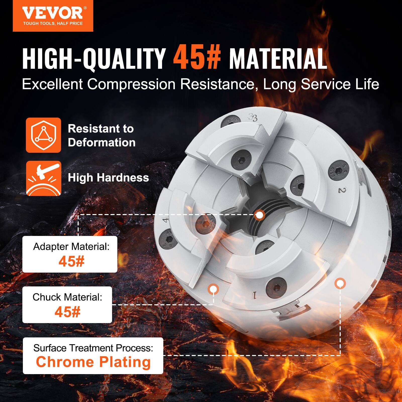 VEVOR TOUGH TOOLS, HALF PRICE

HIGH-QUALITY 45# MATERIAL
Excellent Compression Resistance, Long Service Life

- Resistant to Deformation
- High Hardness

Adapter Material: 45#
Chuck Material: 45#
Surface Treatment Process: Chrome Plating