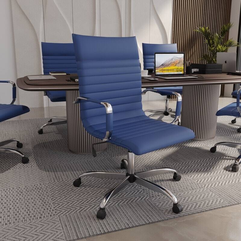 Angle. LeisureMod - Harris High-Back Office Chair, Leather Upholstery with Gold Metal Frame Modern Armless Desk Chair for Conference Seating - Navy Blue.