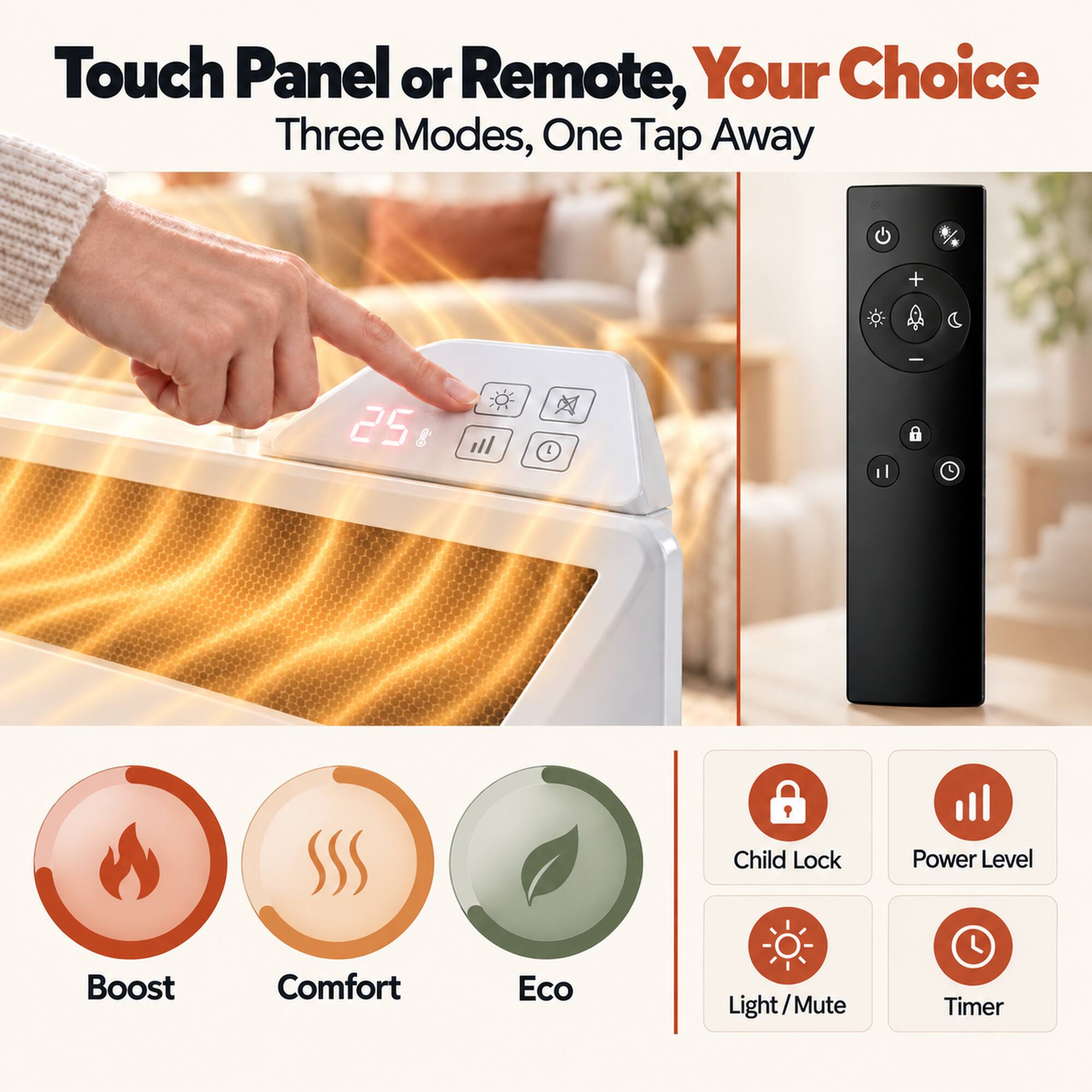 Touch Panel or Remote, Your Choice  
Three Modes, One Tap Away

- Child Lock
- Power Level
- Boost
- Comfort
- Eco
- Light/Mute
- Timer