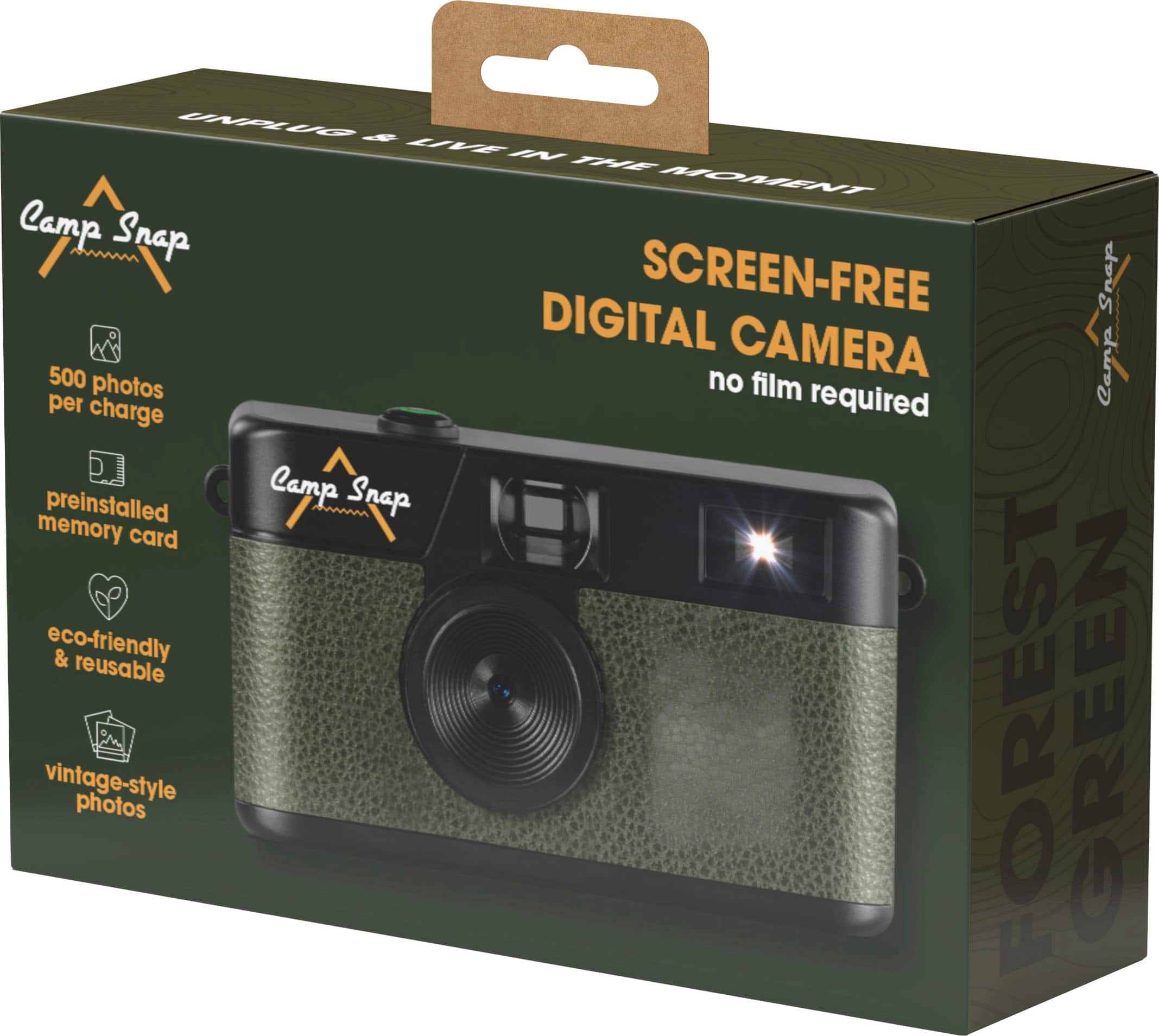 UNPLUG & LIVE IN THE MOMENT
Camp Snap
SCREEN-FREE DIGITAL CAMERA
no film required
500 photos per charge
preinstalled memory card
eco-friendly & reusable
vintage-style photos
FOREST GREEN