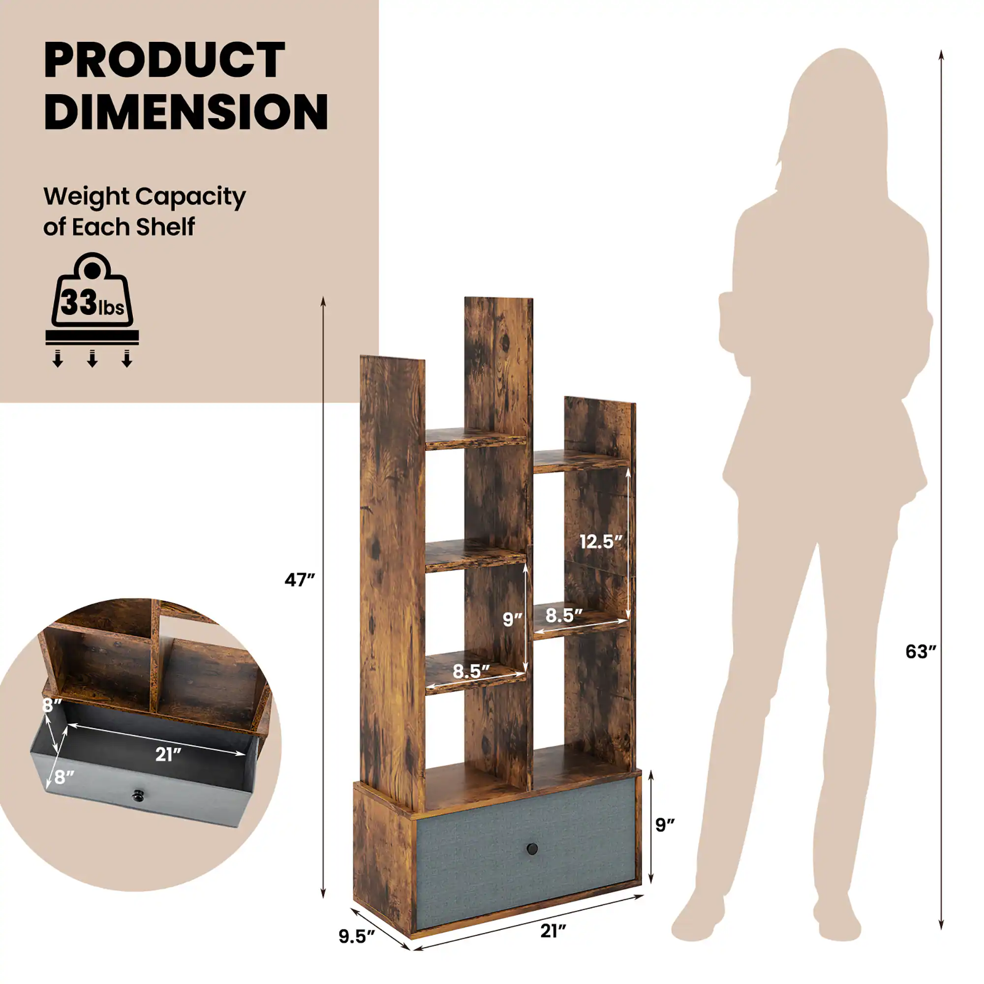 PRODUCT DIMENSION

Weight Capacity of Each Shelf
33lbs

47"
12.5"
8.5"
9"
8.5"
63"
9"
9.5"
21"