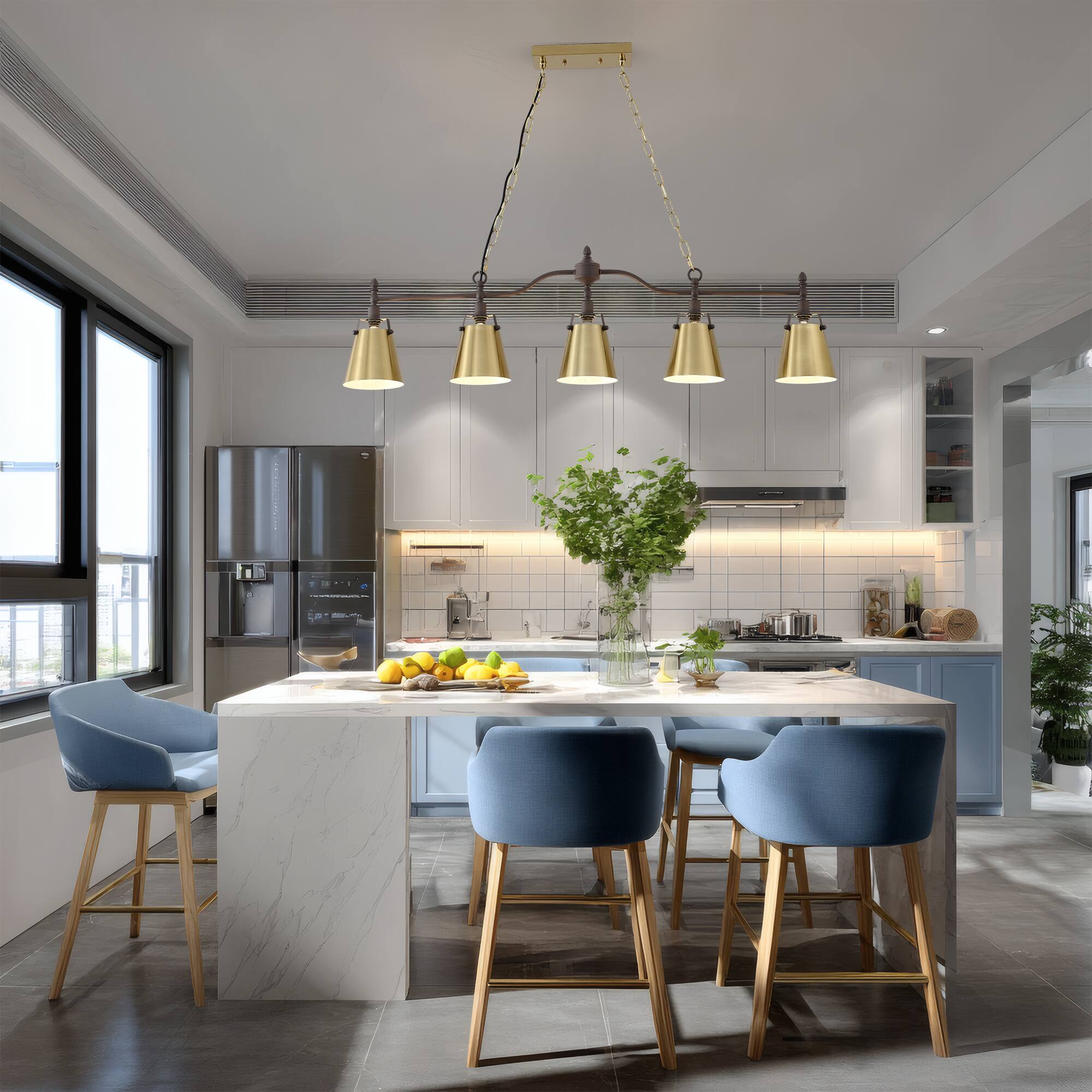 Alt View 1. RYHNUYNE - 5-Light Linear Chandelier 47 Inch Large Kitchen Island Pendant Light with Flared Shades Dimmable Farmhouse Lighting - Gold.