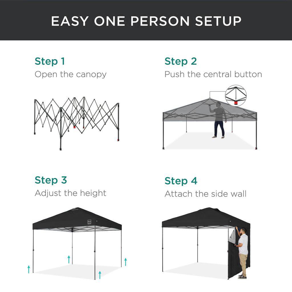 EASY ONE PERSON SETUP

Step 1: Open the canopy
Step 2: Push the central button
Step 3: Adjust the height
Step 4: Attach the side wall