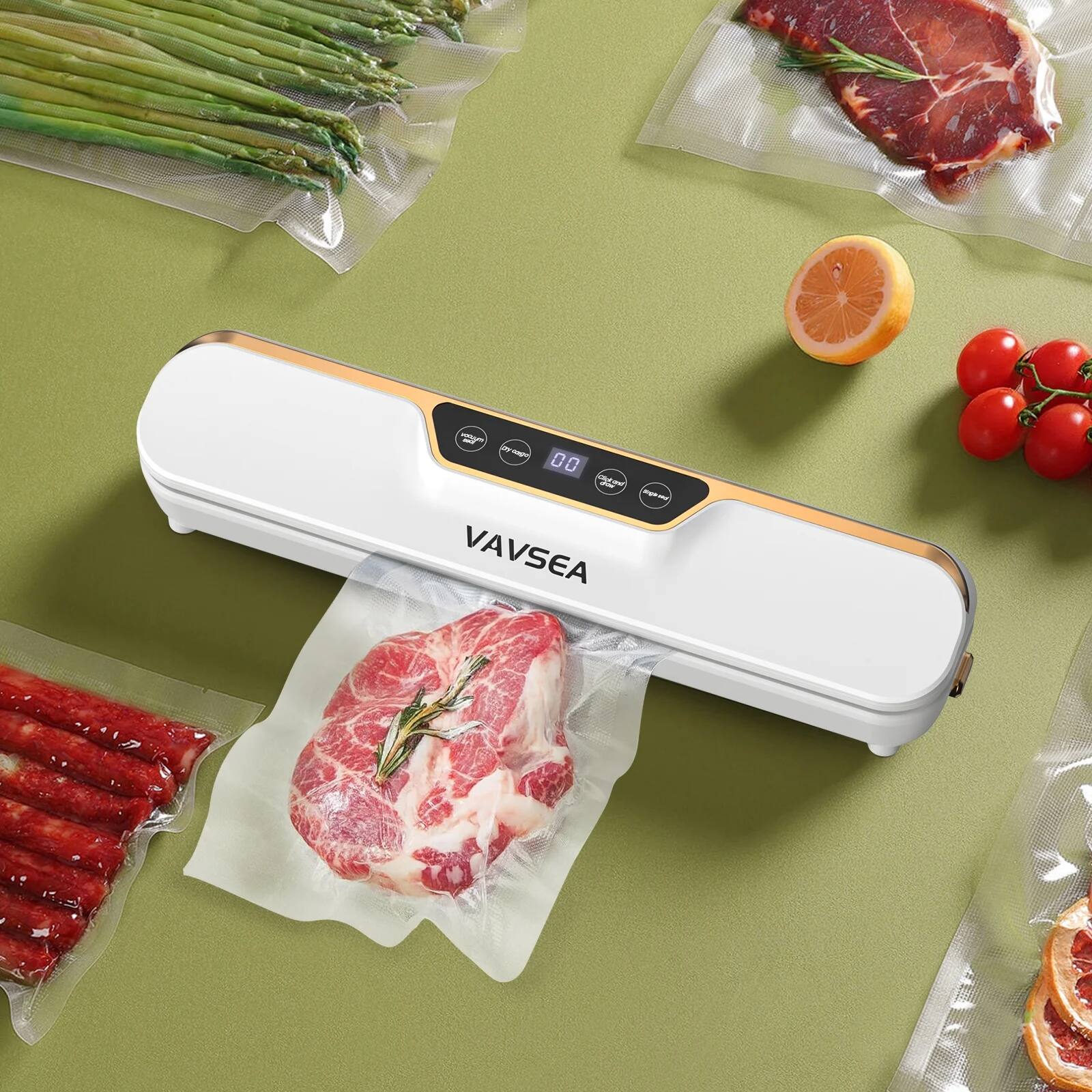 Angle. VAVSEA - Vacuum Sealer, 62Kpa Food Sealer Machines with 4 Modes, Dry/Draw/Seal/Vac and 10Pcs Bags Starter Kit for Dry & Moist Foo - white.
