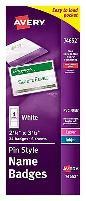 Easy to load pocket
AVERY 74652
Free Easy-to-Use Avery Templates
MORVNA
Stuart Eaves
White
21/4" x 31/2"
24 badges - 6 sheets
Pin Style Name Badges
PVC FREE
Laser
Inkjet
AVERY 74652