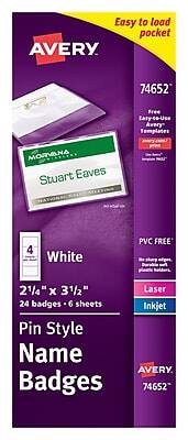 Easy to load pocket  
AVERY 74652  

Free Easy-to-Use Avery Templates  
MORVNA  
Stuart Eaves  

White  
21/4" x 31/2"  
24 badges - 6 sheets  

Pin Style Name Badges  

PVC FREE  
Laser  
Inkjet  

AVERY 74652
