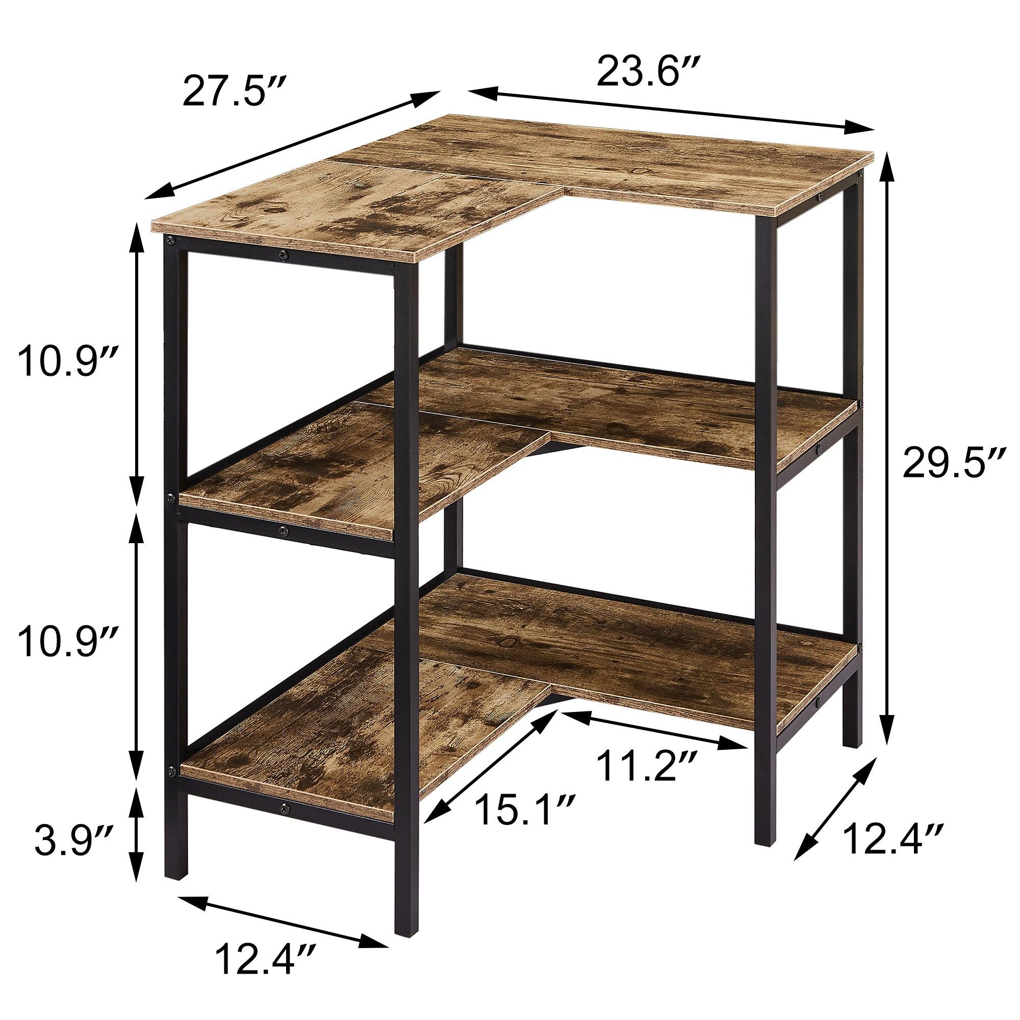 27.5" x 23.6"  
10.9" (height of top shelf)  
29.5" (height from floor to top of table)  
10.9" (height of middle shelf)  
3.9" (distance between middle and bottom shelf)  
15.1" (depth of bottom shelf)  
11.2" (depth of middle shelf)  
12.4" (width of legs)