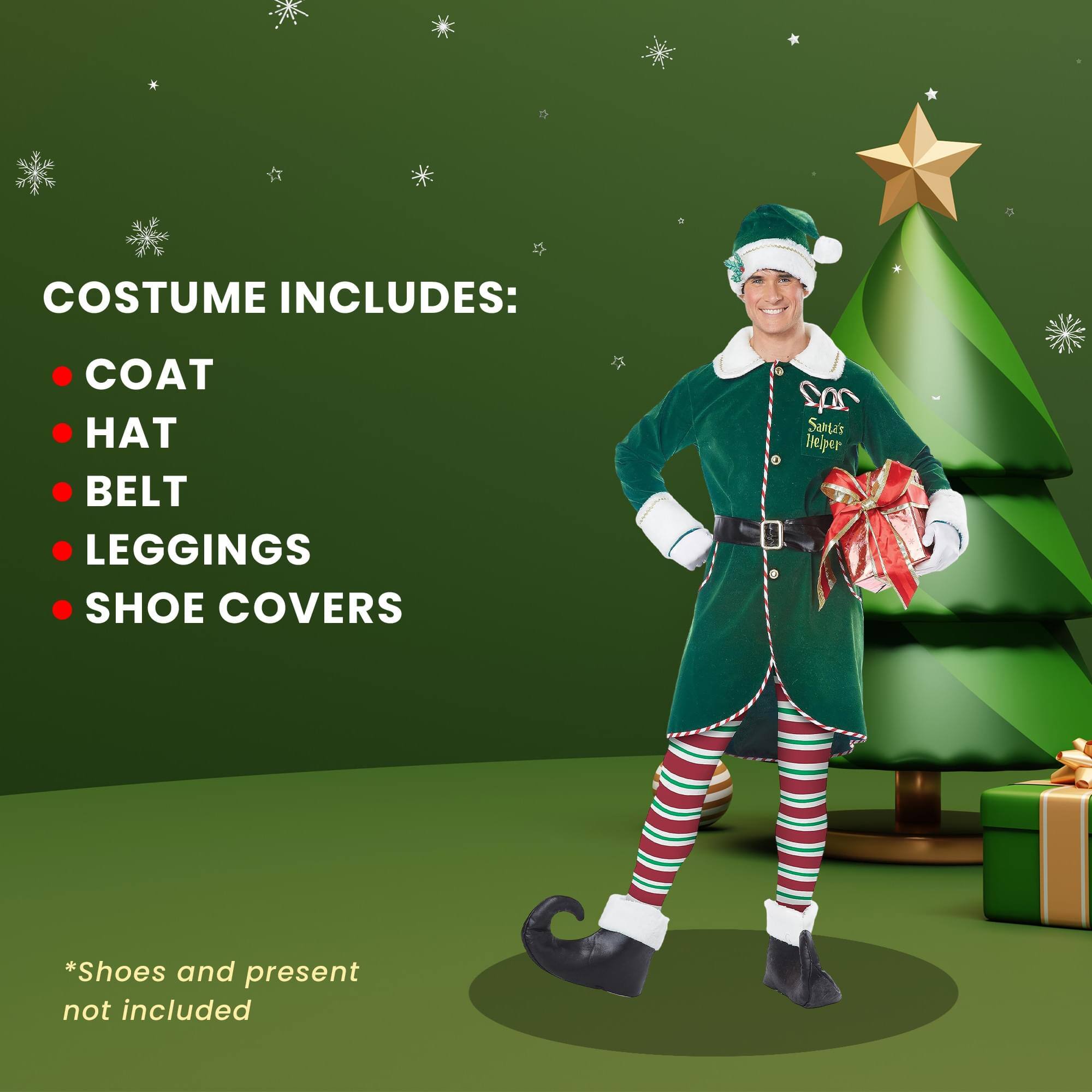 COSTUME INCLUDES:  
- COAT  
- HAT  
- BELT  
- LEGGINGS  
- SHOE COVERS  

*Shoes and present not included