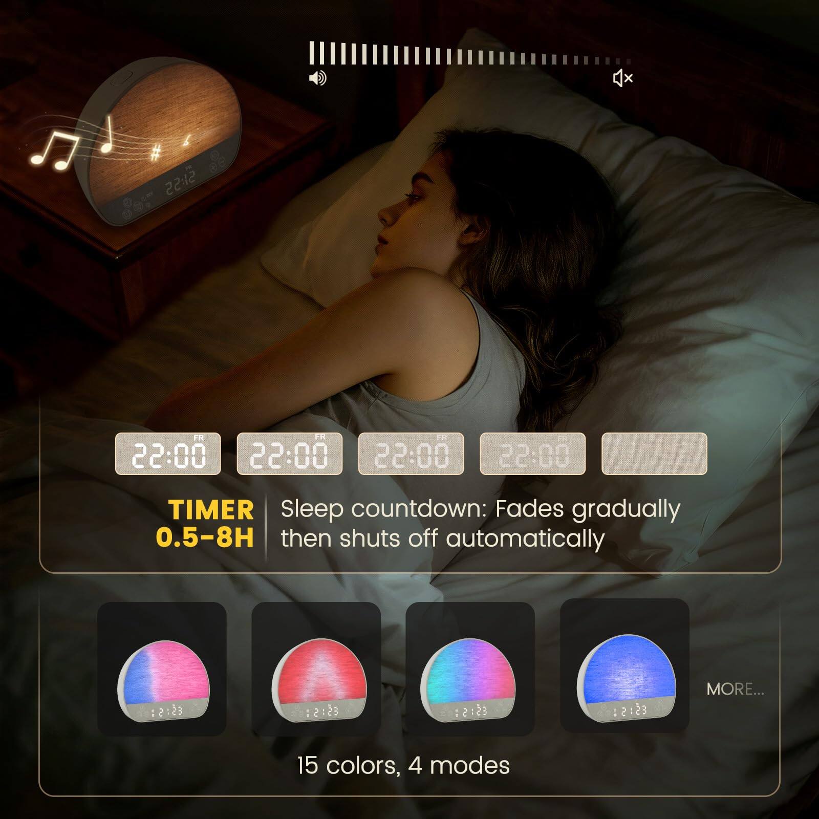 4x 22:12 FR FR 22:00 22:00 FR 22:00 22:00 TIMER Sleep countdown: Fades gradually 0.5-8H then shuts off automatically ES:5 23 : 2 23 ES:5 5 ES:S: 5 MORE... 15 colors, 4 modes