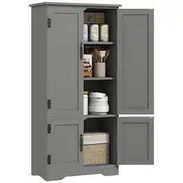 Homcom - 48.5" Kitchen Pantry Cabinet with 2 Adjustable Shelves and 4 Beadboard Doors, Compact Farmhouse Kitchen Storage Cabinet - Gray