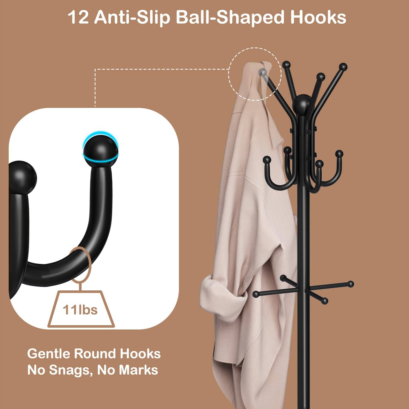 12 Anti-Slip Ball-Shaped Hooks  
11lbs Gentle Round Hooks No Snags, No Marks