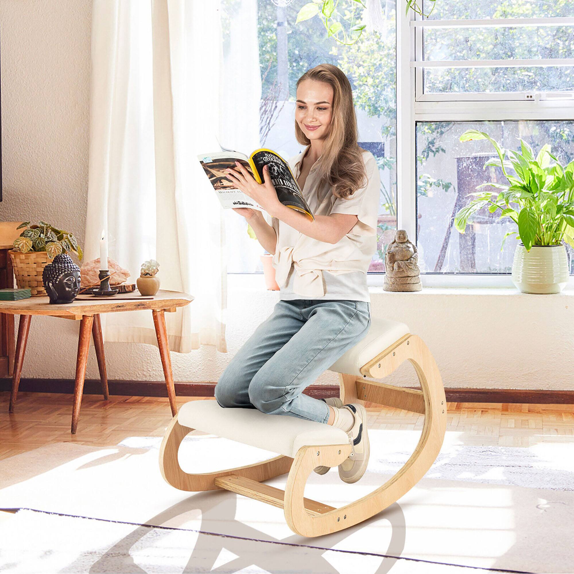 Alt View 3. Gymax - Gymax Ergonomic Kneeling Chair Wood Rocking Posture Stool w/ Cushion Back Neck Beige - Beige.