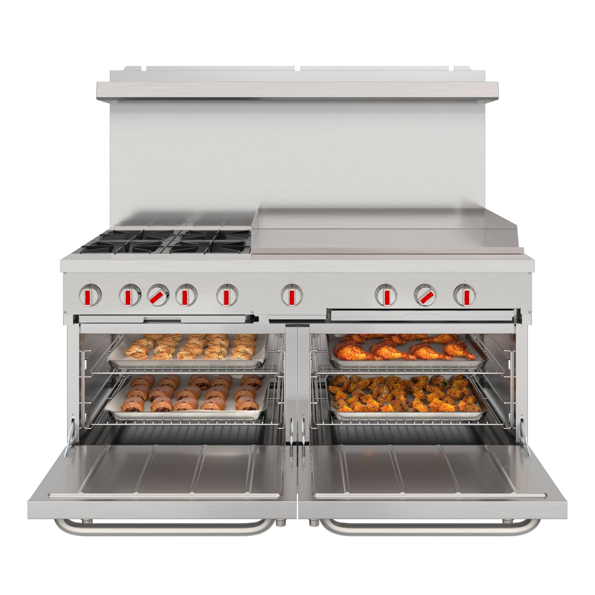 Angle. Koolmore - 60 in. Commercial Natural Gas Range with 4 Burners, 36 in. Griddle, 2 Standard Ovens in Stainless-Steel (KM-CRG364-NG) - Stainless Steel.