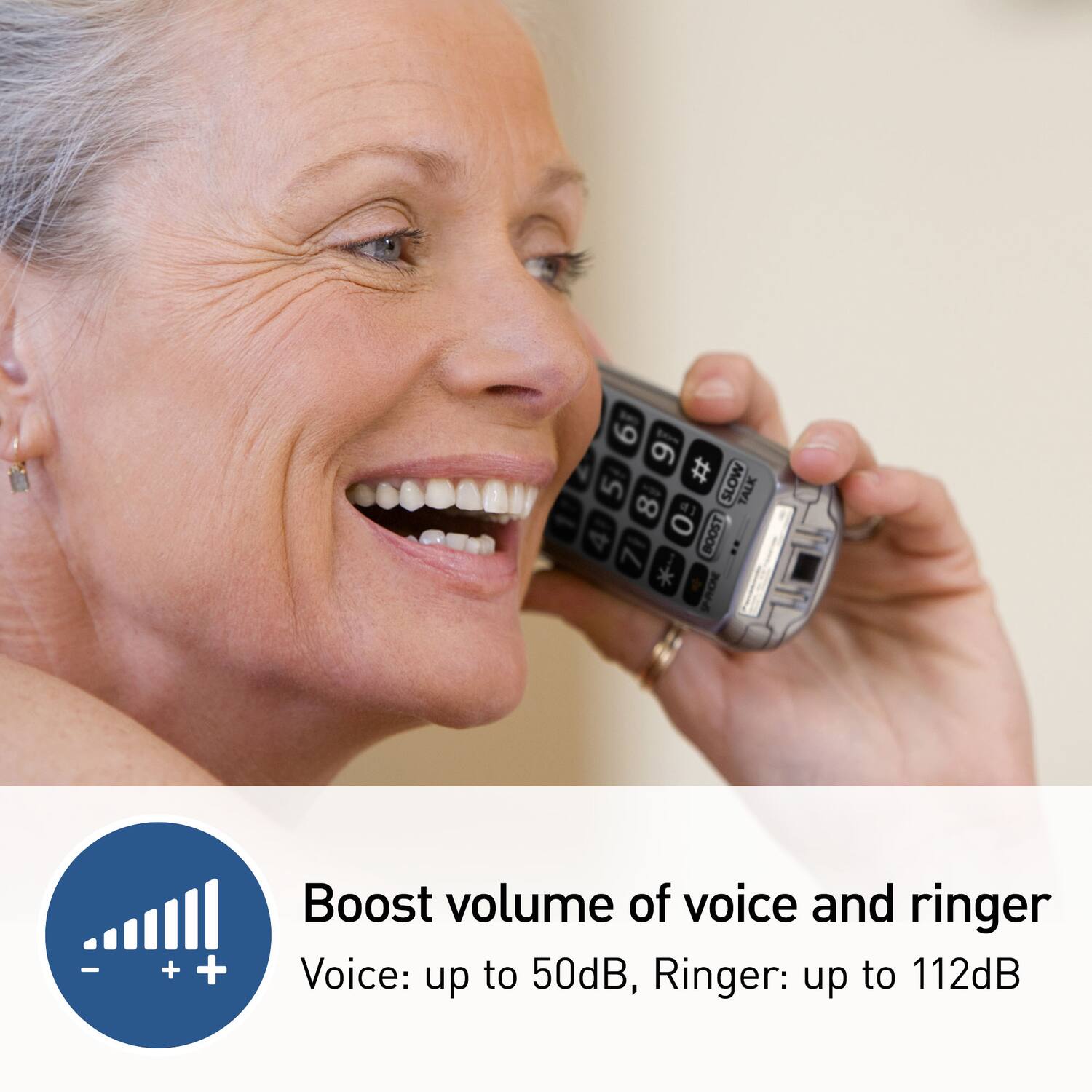 Boost volume of voice and ringer  
Voice: up to 50dB, Ringer: up to 112dB