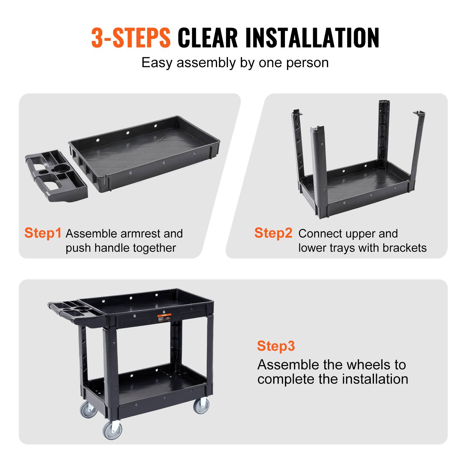 3-STEPS CLEAR INSTALLATION
Easy assembly by one person
Step1 Assemble armrest and push handle together
Step2 Connect upper and lower trays with brackets
Step3 Assemble the wheels to complete the installation