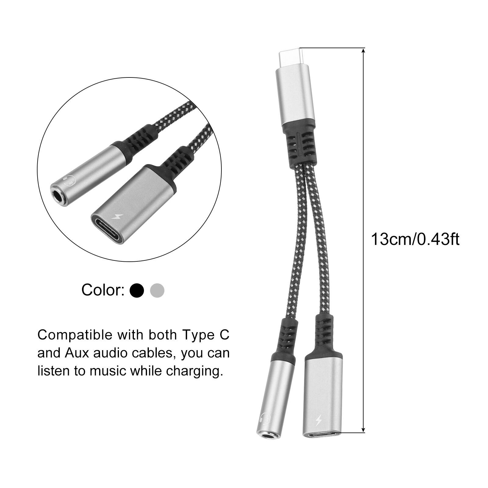 13cm/0.43ft  
Color:  
Compatible with both Type C and Aux audio cables, you can listen to music while charging.