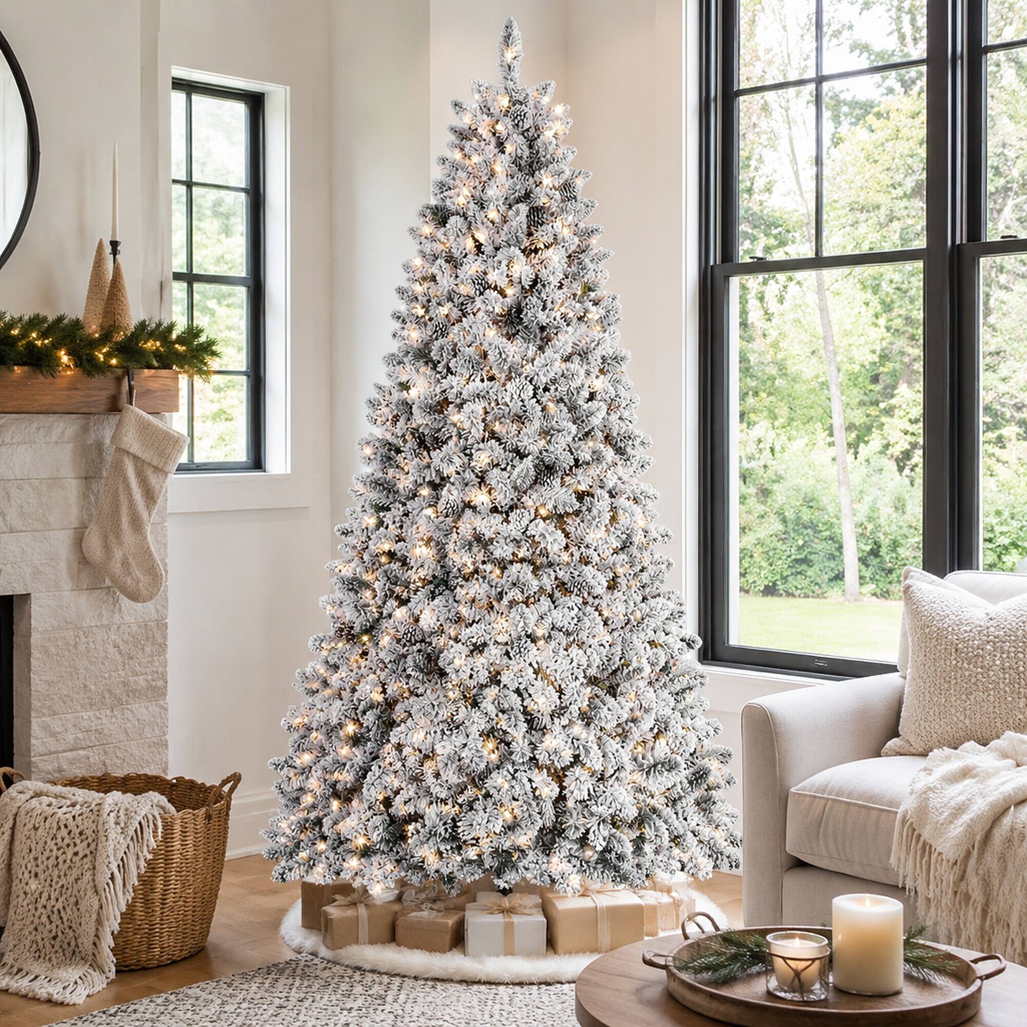 Back. RYHNUYNE - 8FT Flocked Pre-Lit Christmas Tree, 700 Lights 54 Natural Pine Cones 1754 Snowy PVC Tips Hinged Structure Easy Setup - Green,White.