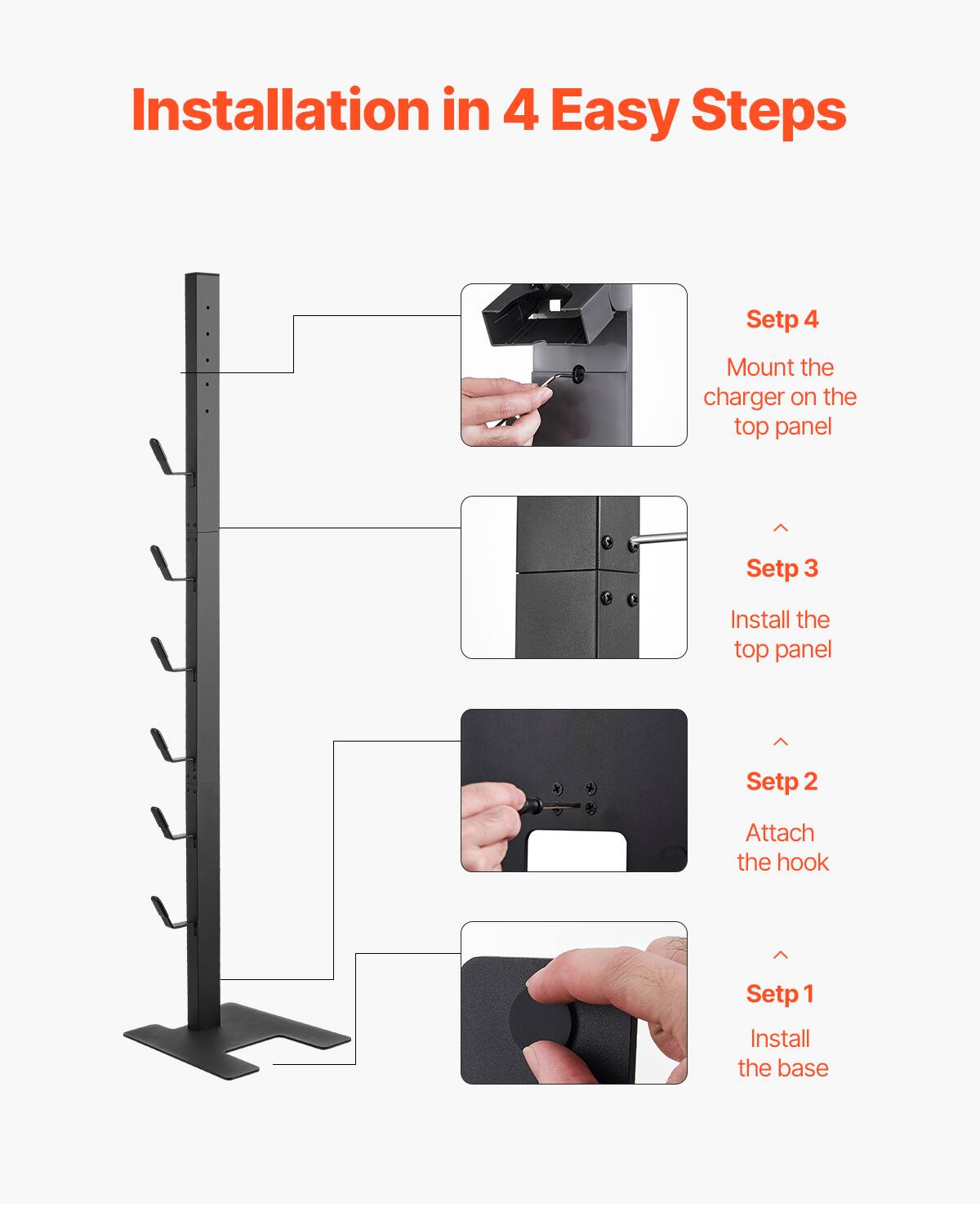 Installation in 4 Easy Steps

Setp 1  
Install the base

Setp 2  
Attach the hook

Setp 3  
Install the top panel

Setp 4  
Mount the charger on the top panel