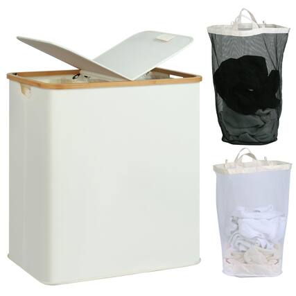 Front. JETRANSPORT - Laundry Hamper With Lid Double 2 Removable Bags 2 Section Basket Handles For Bathroom Bedroom & Room 140l - Beige 140L Dual.