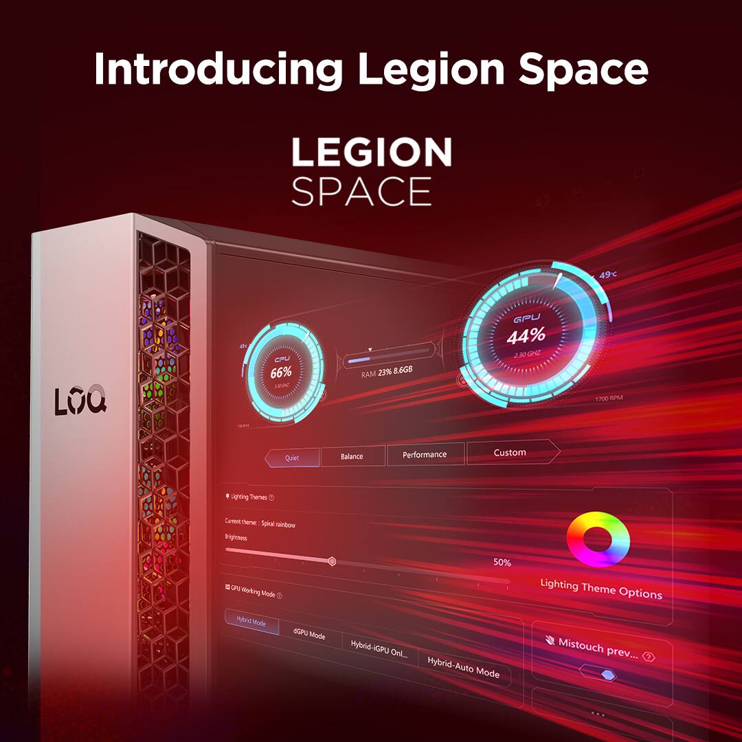 Introducing Legion Space

LEGION SPACE

- CPU: 66%
- SROC: 23%
- RAM: 8.6GB
- GPU: 44%
- DOA: 1700 RPM

Quiet Balance Performance Custom

Lighting Theme Options
- Current theme: Spiral rainbow
- Brightness: 50%

GPU Working Mode
- Hybrid Mode
- dGPU Mode
- Hybrid-Auto Mode

Mistouch prev...