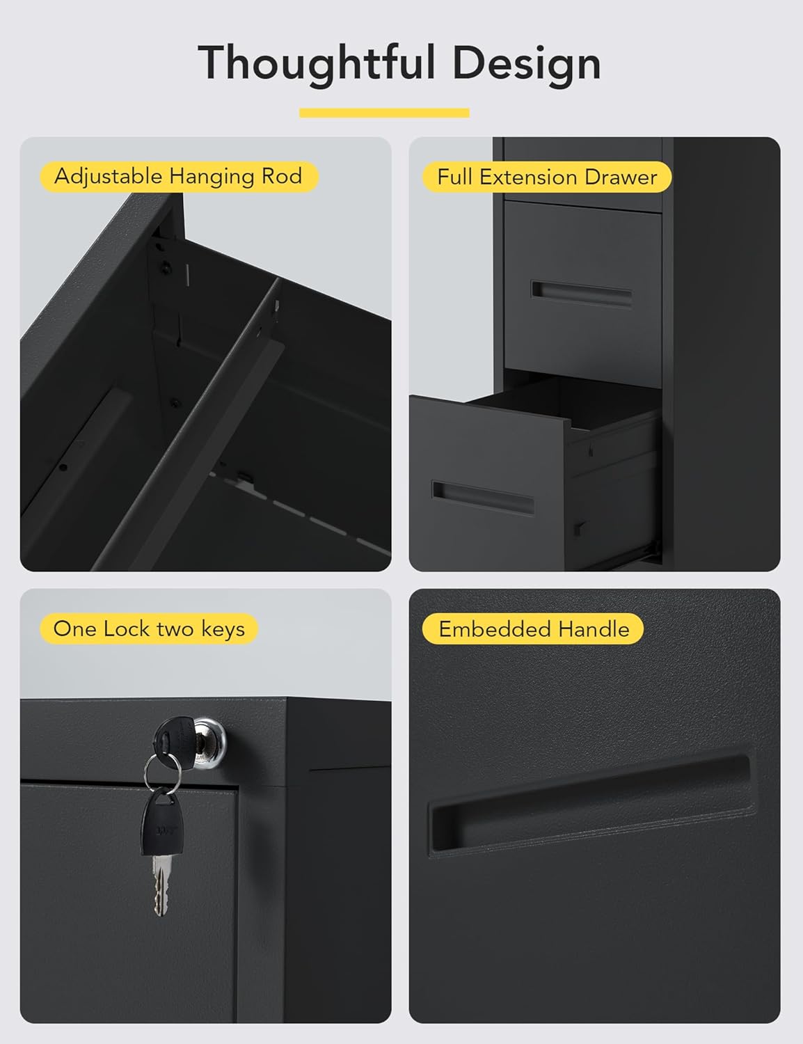 Thoughtful Design

- Adjustable Hanging Rod
- Full Extension Drawer
- One Lock two keys
- Embedded Handle