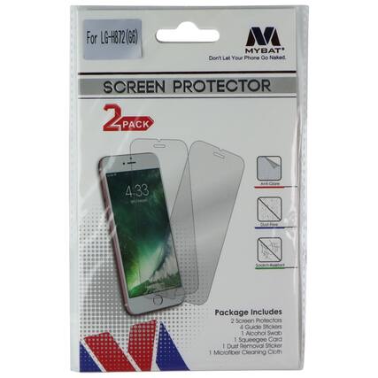 For LG-H872 (G6) M MYBAT Don't Let Your Phone Go Naked. SCREEN PROTECTOR 2 PACK 4:33 18% Charged Anti-Glare Dust-Free Scratch-Resistant Package Includes 2 Screen Protectors 4 Guide Stickers 1 Alcohol Swab 1 Squeegee Card 1 Dust Removal Sticker 1 Microfiber Cleaning Cloth