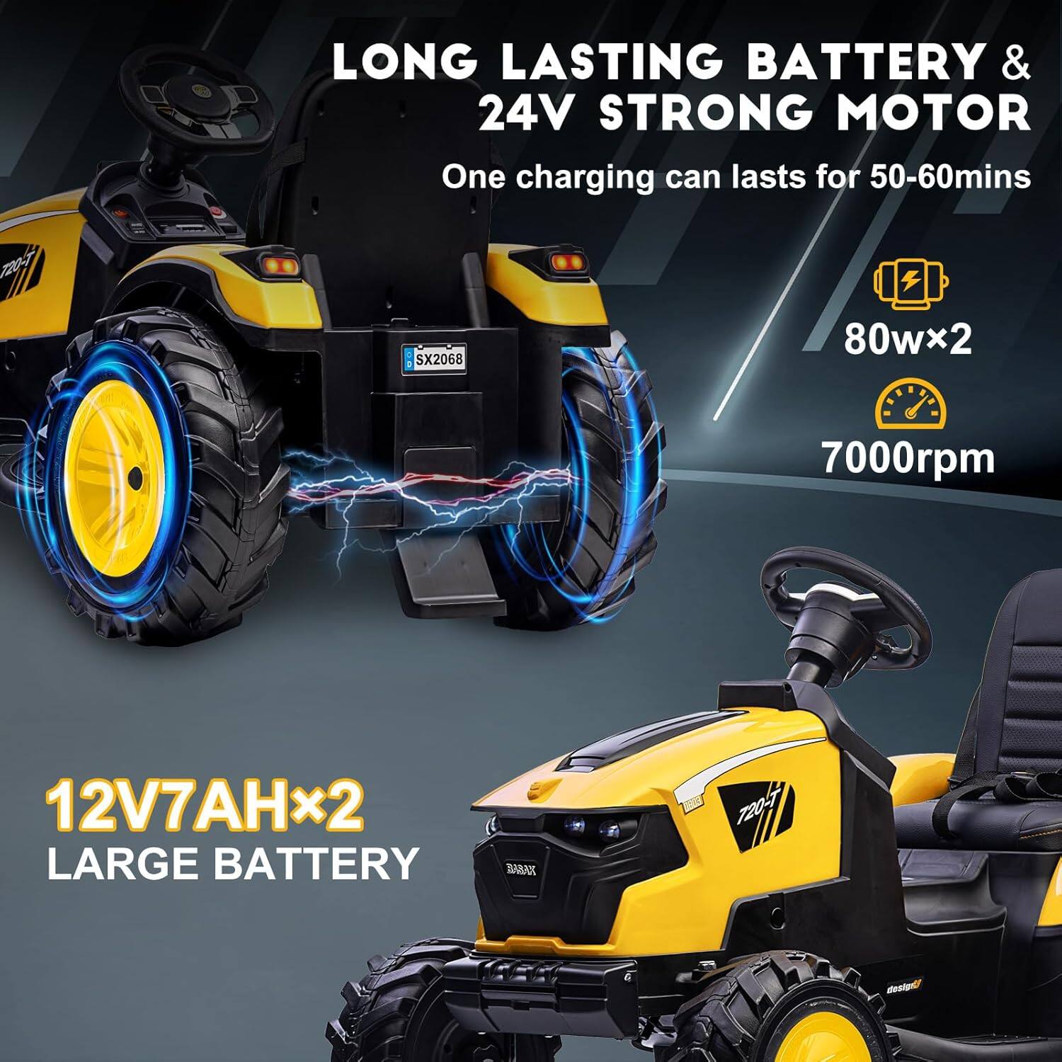 LONG LASTING BATTERY & 24V STRONG MOTOR  
One charging can lasts for 50-60mins  
80w×2  
7000rpm  

12V7AH×2 LARGE BATTERY