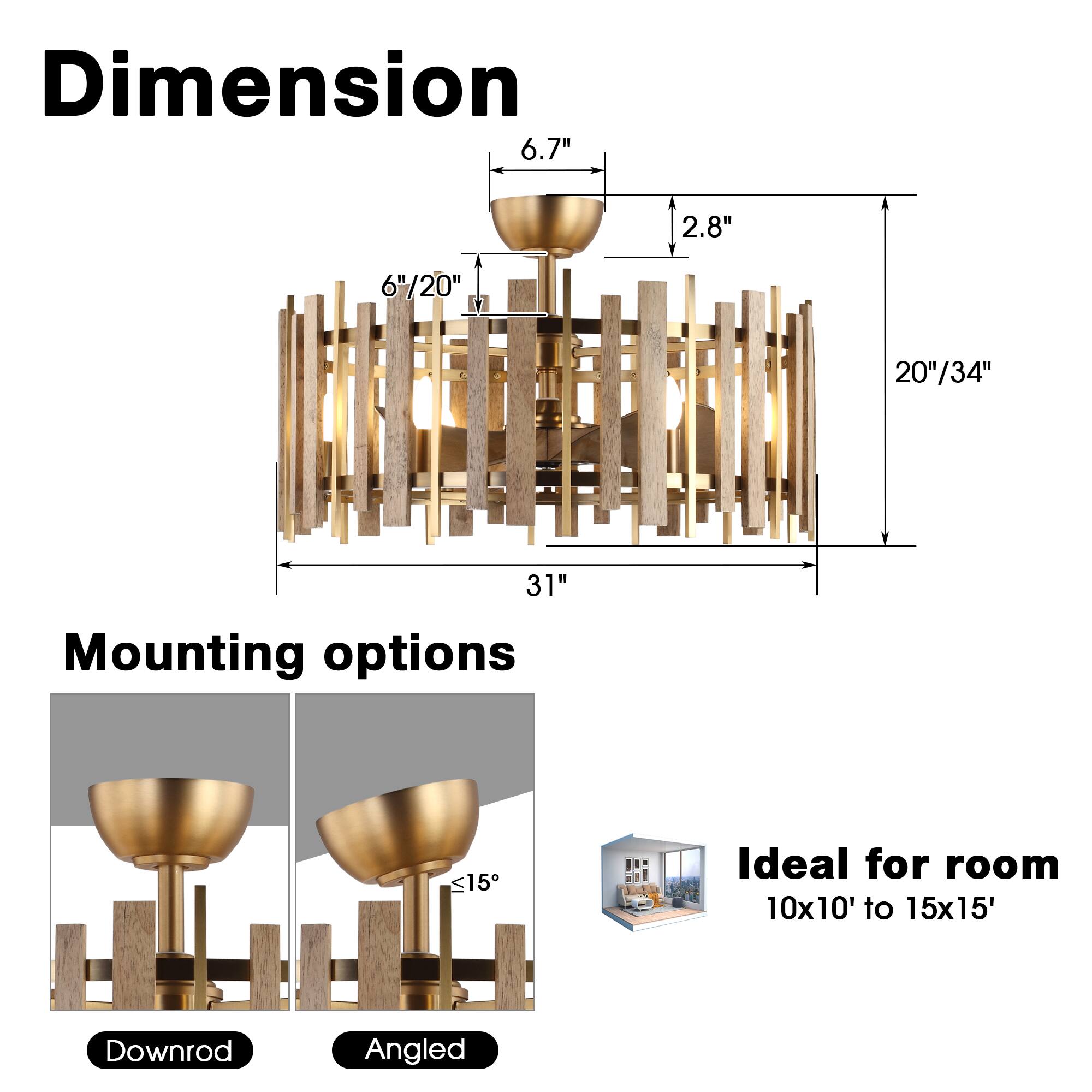 Dimension  
6.7"  
2.8"  
6"/20"  
20"/34"  
31"  

Mounting options  
Downrod  
Angled  

Ideal for room  
10x10' to 15x15'