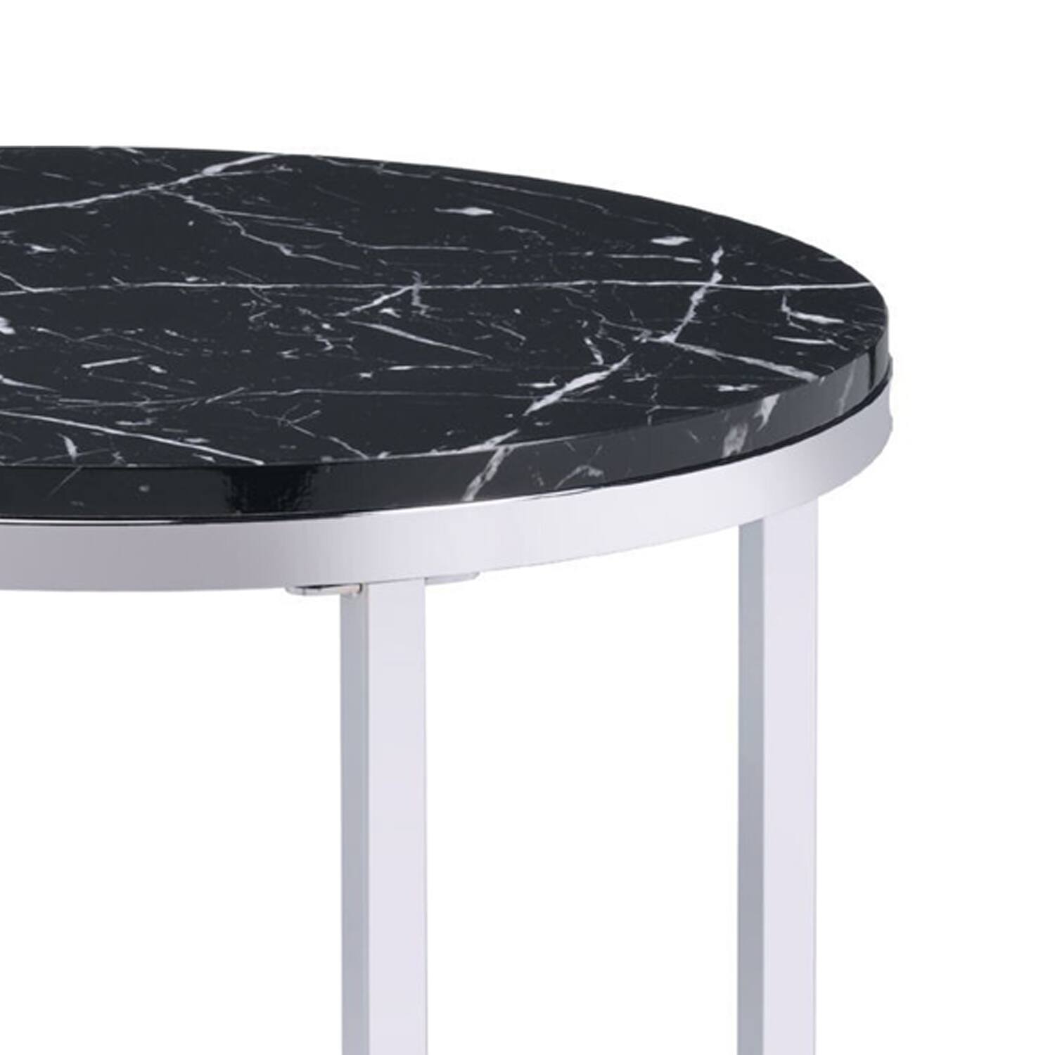 Alt View 2. Manhattan Lane - End Table with Round Faux Marble Top and Glass Shelf - Black.