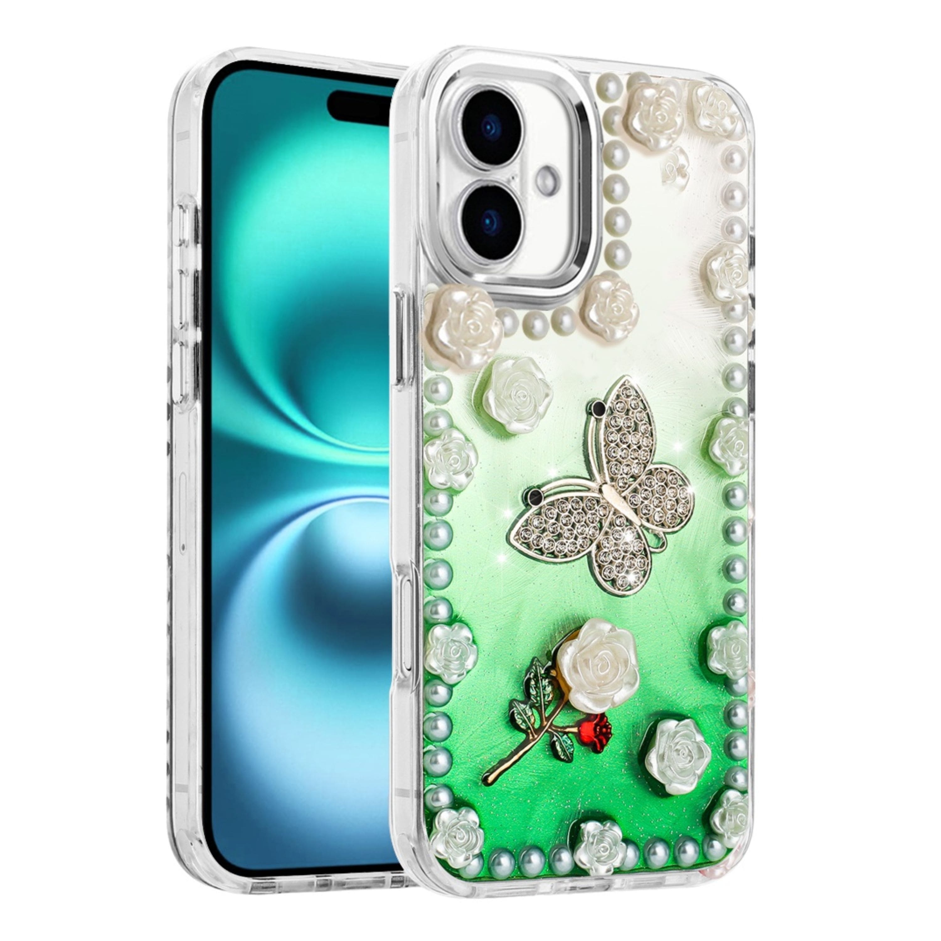 Kitcheniva - Floral & Faux Pearl Trim 3D Charms Phone Case With Tempered Glass For iPhone 17 Green - Multicolor price history on PriceWatchPro