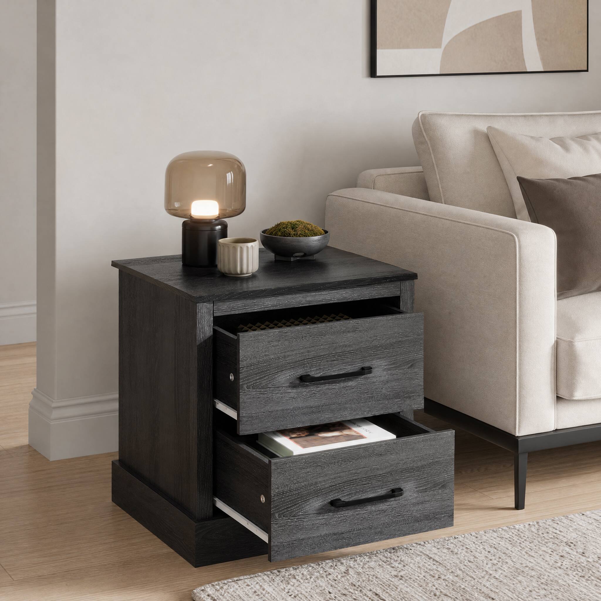 Alt View 3. WELLFOR - Wood Compact Floor Nightstand with Storage Drawers-Dark - Dark Gray.