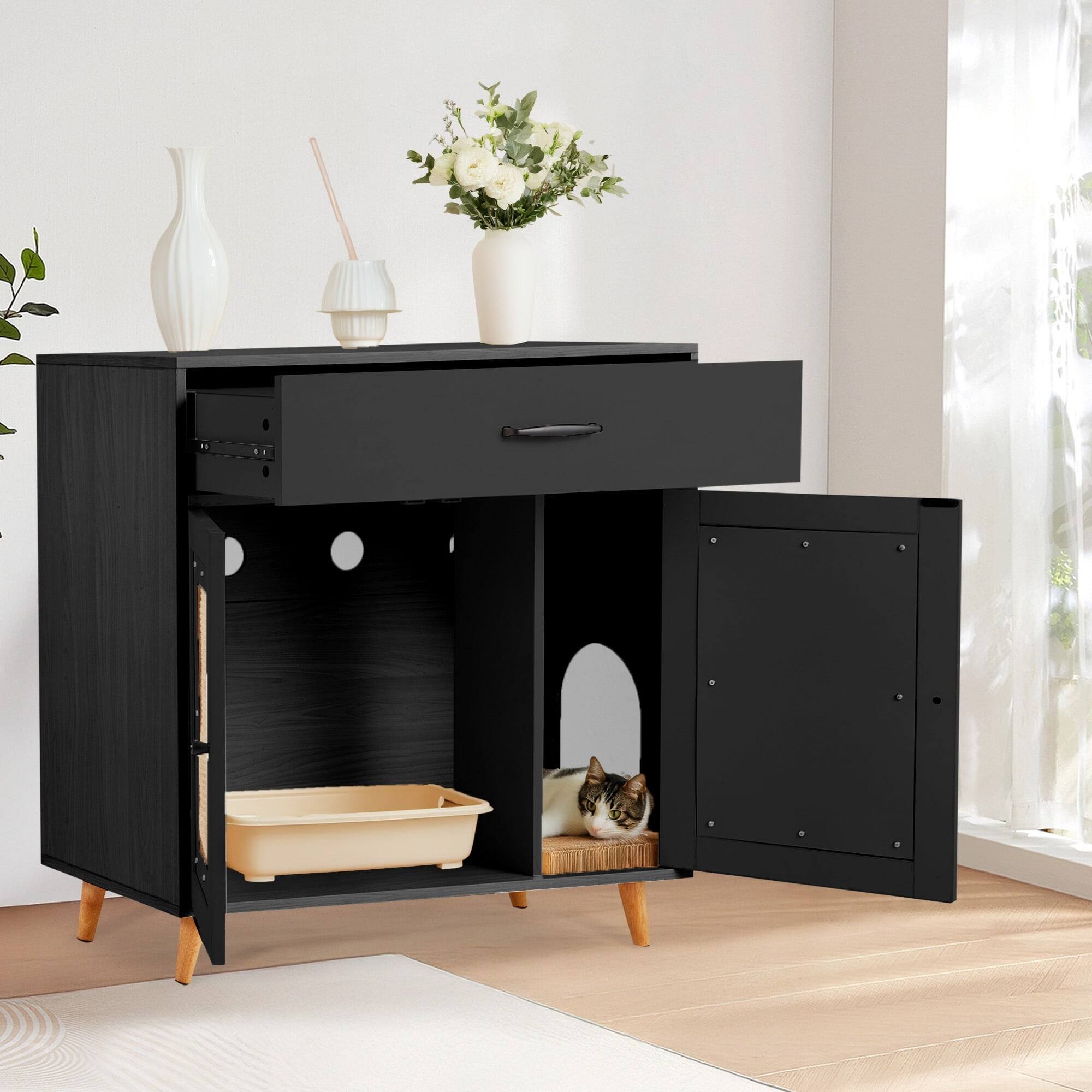 U-HOMY - Hidden Cat Litter Box Cabinet with Drawer, Ventilation, and Scratch Door Furniture - Black