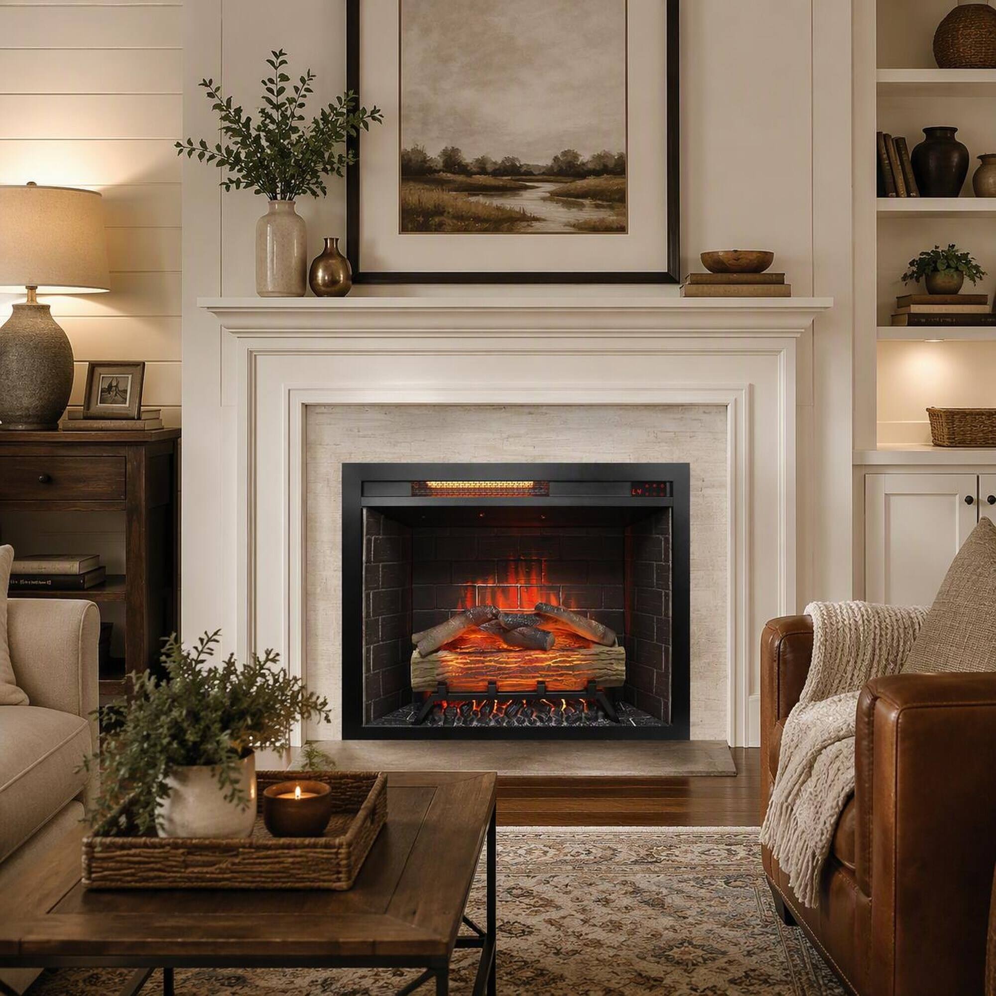 Back. RYHNUYNE - 28 Inch Infrared Electric Fireplace Insert Heater, Touch Panel Crackling Sound Fixed Trim Kit For Home Decor - Antique Black.