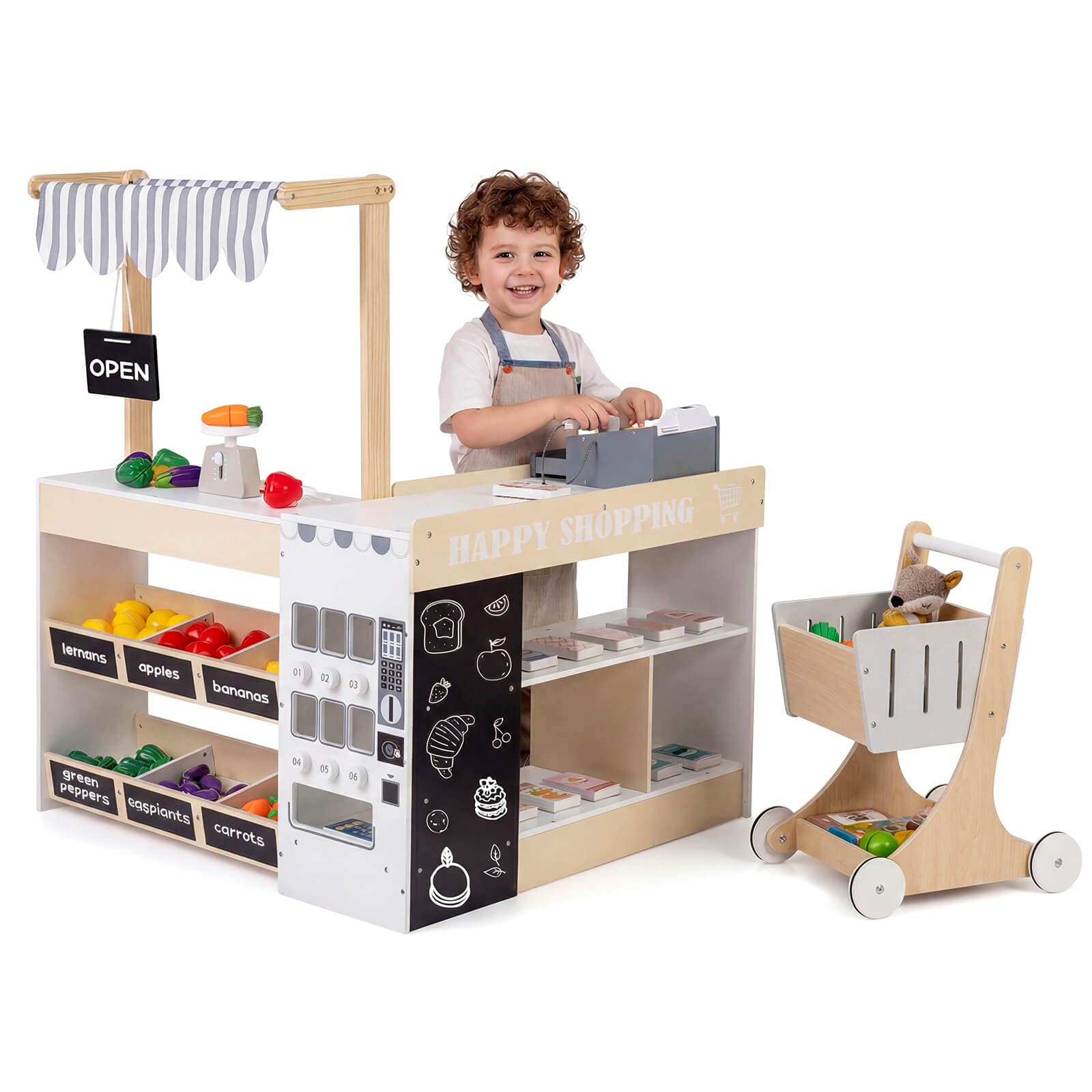 Costway - Kids Grocery Store Playset Wooden Pretend Play Supermarket with Shopping Cart - Natural + White