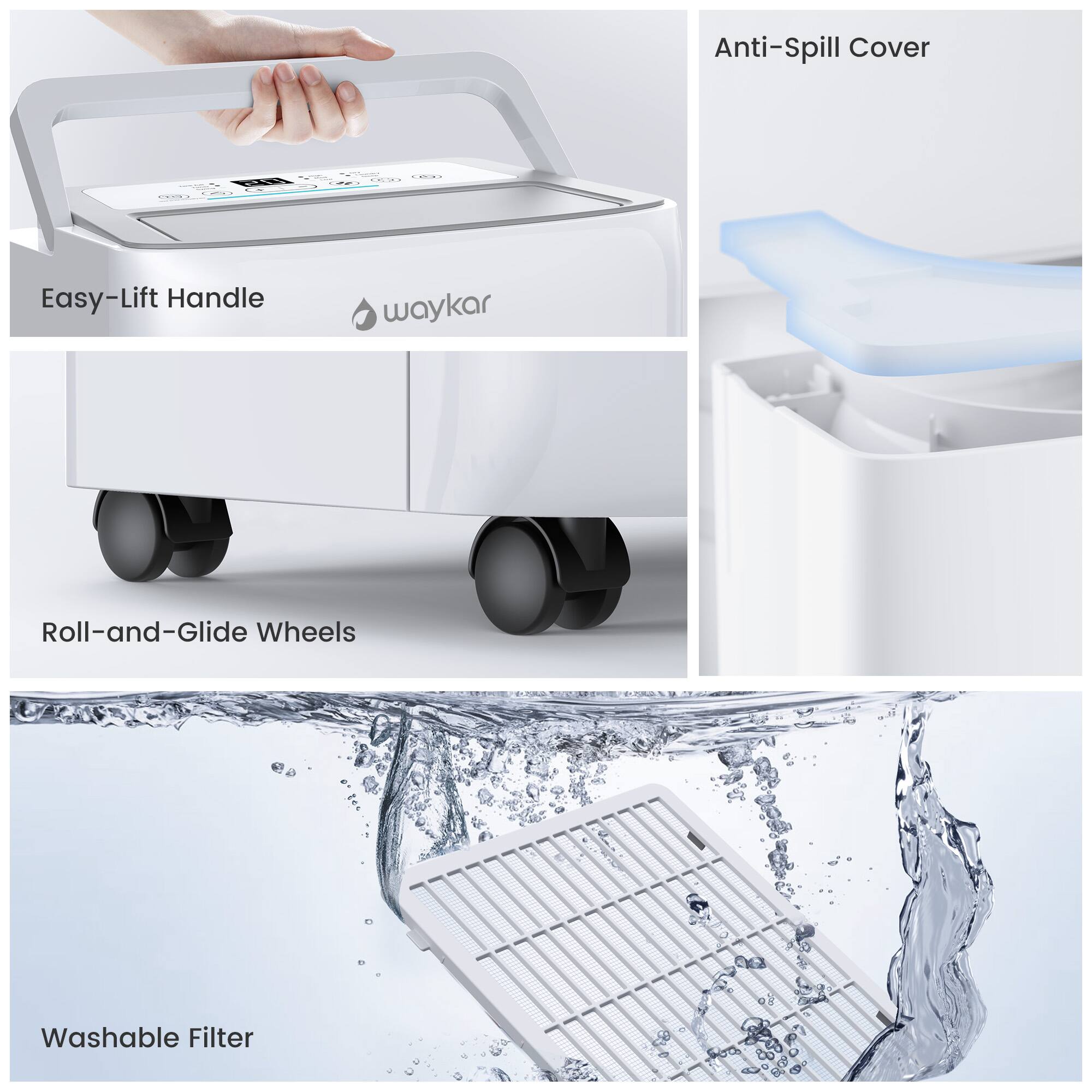 Anti-Spill Cover  
Easy-Lift Handle  
Roll-and-Glide Wheels  
Washable Filter