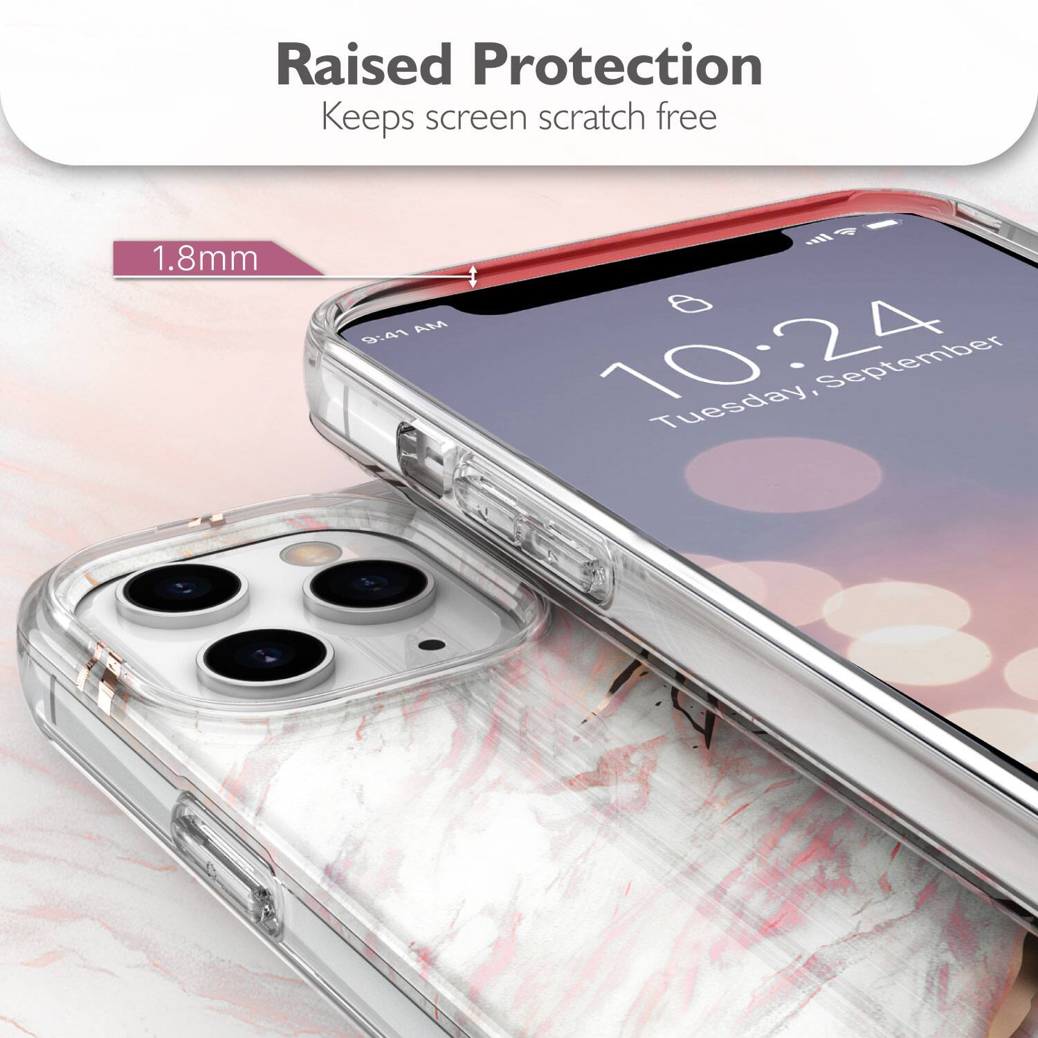 Raised Protection, Keeps screen scratch free, 1.8mm, 10:24, Tuesday, September