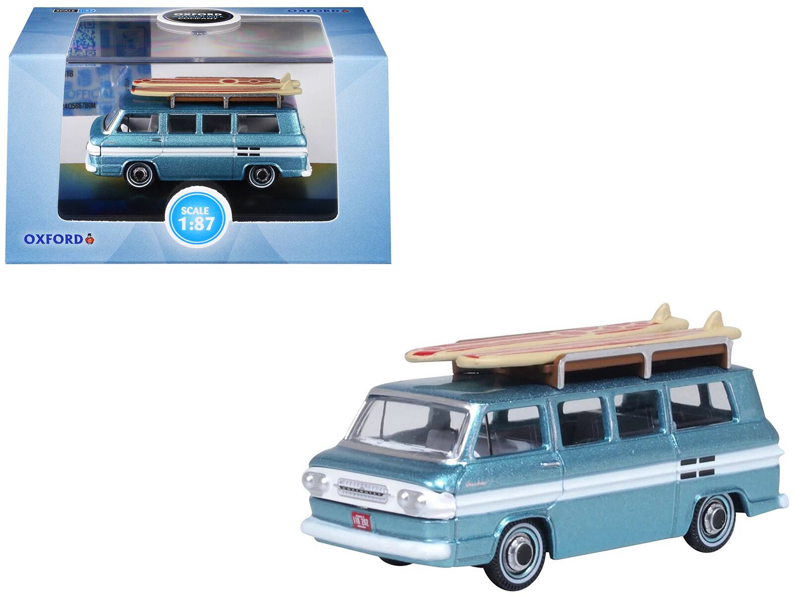 Oxford Diecast - 1961 Chevrolet Corvair Greenbrier Passenger Wagon Van Turquoise Metallic Cameo White with Surfboards on Roof 1/87 - Turquoise Metallic And Cameo White