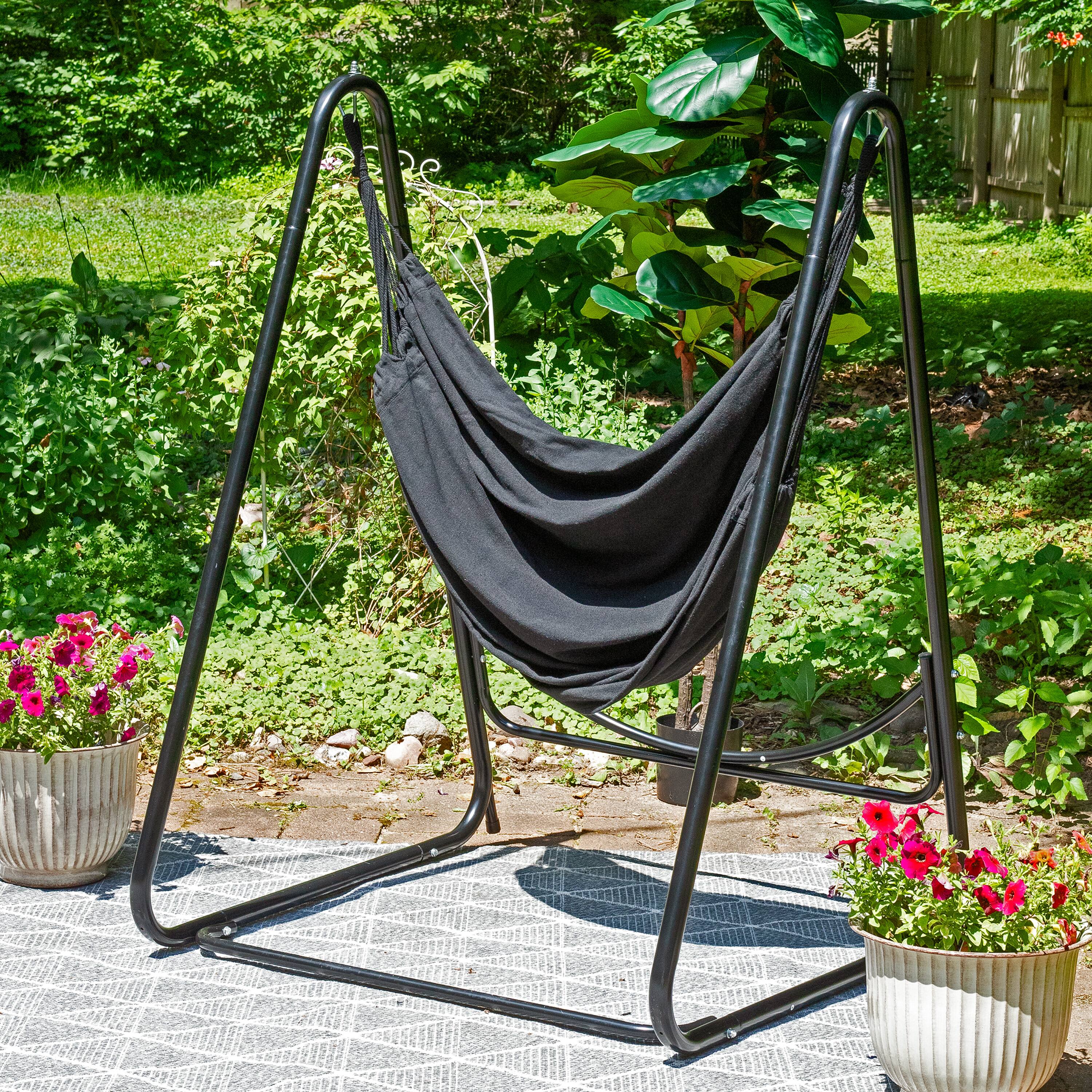 Alt View 4. Sunnydaze - Polycotton Hammock Chair with A-Frame Steel Stand - Black.