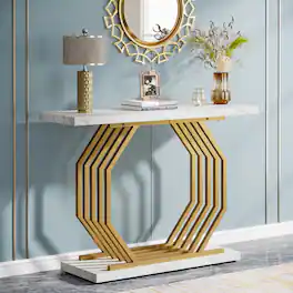 Tribesigns - Gold Console Table, Faux Marble Entryway Table Narrow Sofa with Geometric Metal Base, 40 Inch Modern Accent Entrance for - White
