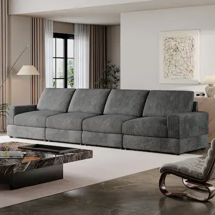 Front. MSOOB - 138'' 4-Seater Corduroy Sofa Extra Wide Corduroy Couch with Pillows Back and Deep Seat for Theater Rooms (Black) - Black.