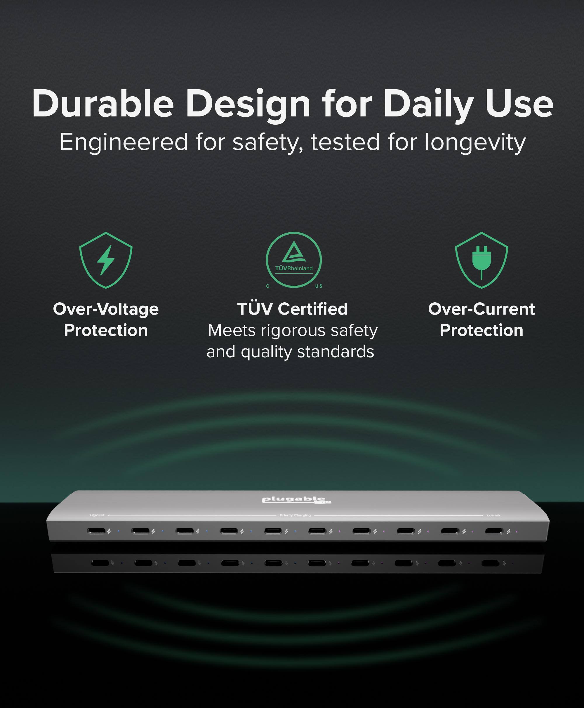 Durable Design for Daily Use  
Engineered for safety, tested for longevity  

- Over-Voltage Protection  
- TÜV Certified  
  Meets rigorous safety and quality standards  
- Over-Current Protection