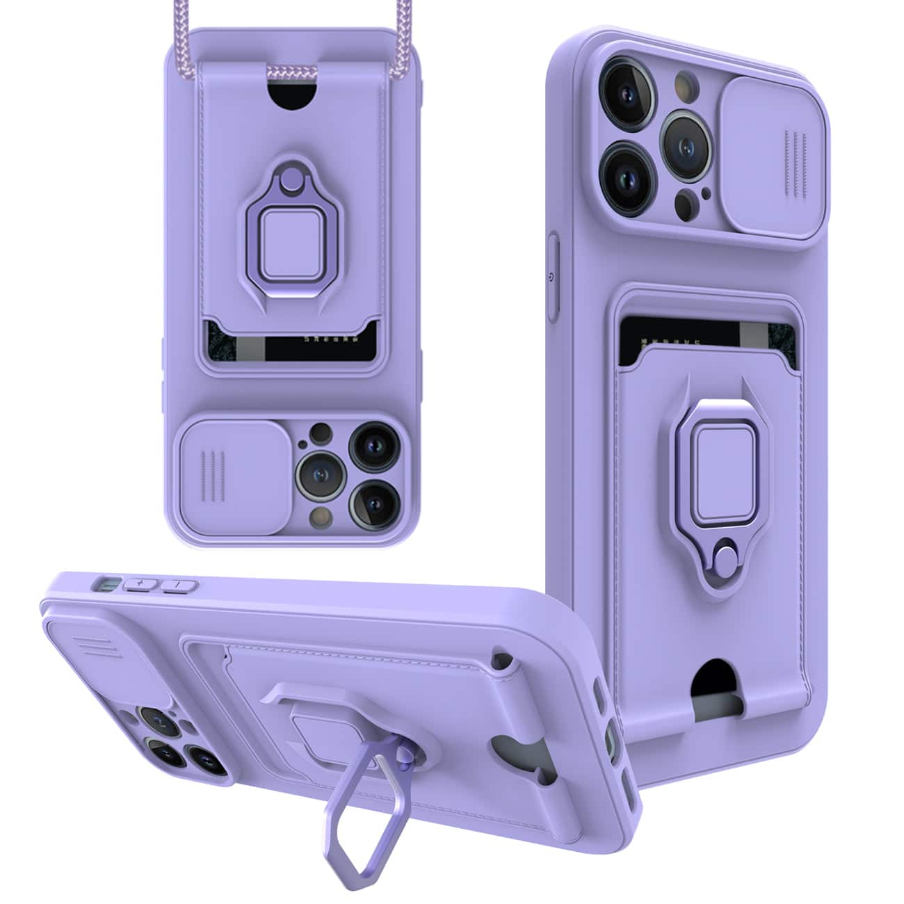 Reiko - iPhone 12 Pro Case with Camera Cover, Kickstand, Slide Lens Protector, Magnetic Ring, Strap & Card Holder - Purple