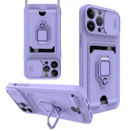 Front. Reiko - iPhone 13 Pro Case Purple with Camera Cover, Kickstand, Slide Lens Protector, Magnetic Ring, Strap & Card Holder - Purple.